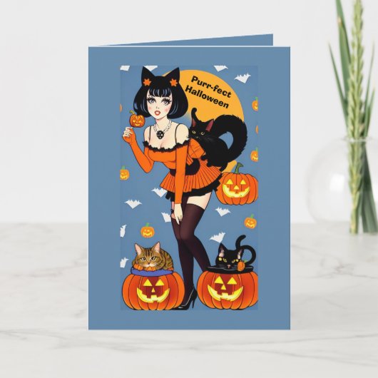 Purr-fecte Halloween-groet met lieve kattenvrouw Kaart (Voorkant)