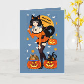 Purr-fecte Halloween-groet met lieve kattenvrouw Kaart (Gele Bloem)