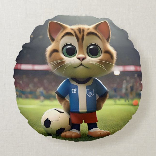"Purr-fecte Spitskoer: De 3D Voetbalkat" Rond Kussen (Voorkant)