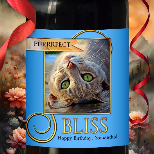 Purrfect Bliss Funny Cat Wine Label Wijn Etiket