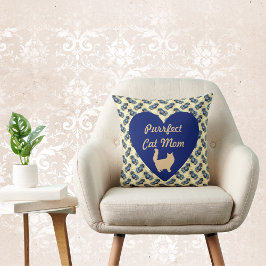 Purrfect Cat Mam Blue en Gold Heart Floral Yellow Kussen