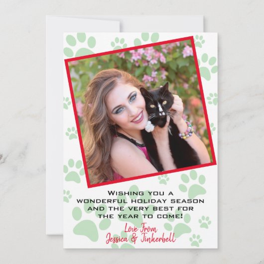 Purrfect Kerst Schattige Kat Pauw Print Boom Foto Feestdagenkaart (Achterkant)