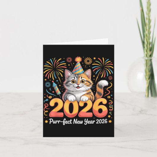 Purrfect New Year 2026 Cute Cat Fireworks Celebrat Kaart (Voorkant)