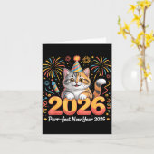 Purrfect New Year 2026 Cute Cat Fireworks Celebrat Kaart (Gele Bloem)