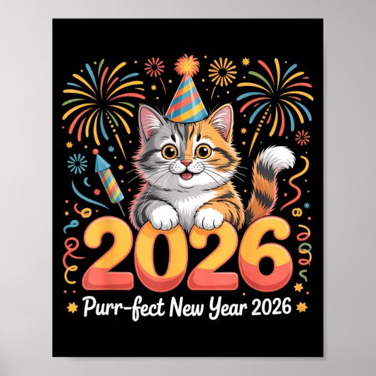 Purrfect New Year 2026 Cute Cat Fireworks Celebrat Poster (Voorkant)