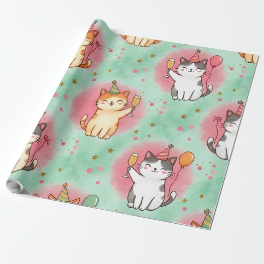 Purrfect Party Cats – Festive Celebration Pattern Cadeaupapier (Uitgerold)