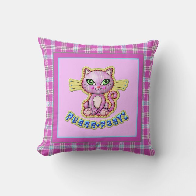 Purrfect Plaid Kitten Cartoon omkeerbaar Kussen (Voorkant)