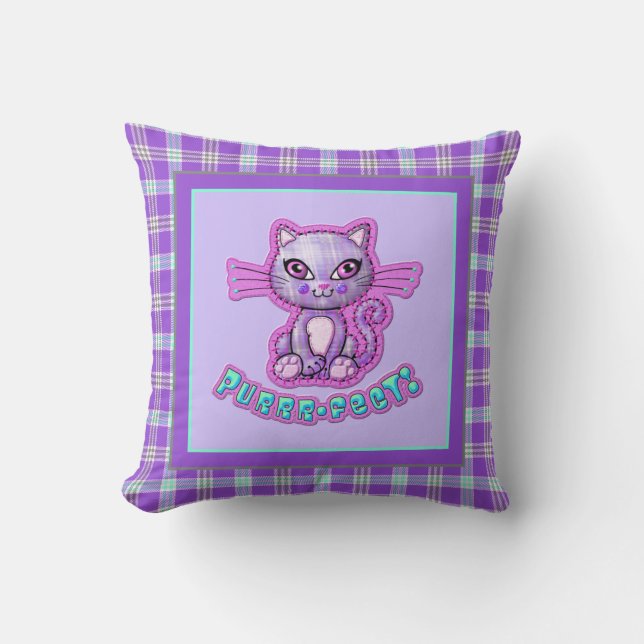 Purrfect Plaid Kitten Cartoon omkeerbaar Kussen (Voorkant)