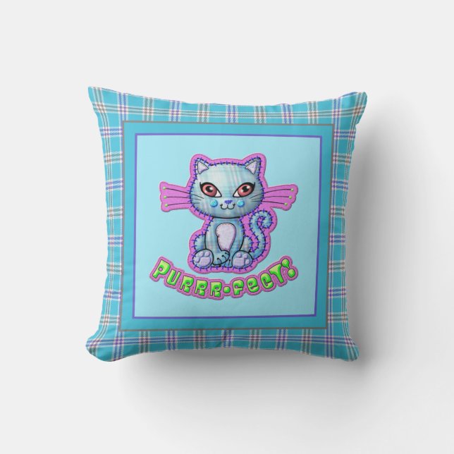 Purrfect Plaid Kitten Cartoon omkeerbaar Kussen (Voorkant)