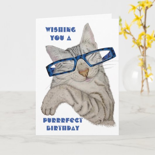 Purrfect Verjaardag Schattigee Kat in Specificatie Kaart (Gele Bloem)