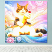 Purrfectly Asleep – Cat Holding Ice Cream Cone Canvas Afdruk (Insitu (Houten vloer))