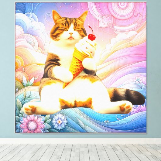 Purrfectly Asleep – Cat Holding Ice Cream Cone Canvas Afdruk (Insitu (Houten vloer))