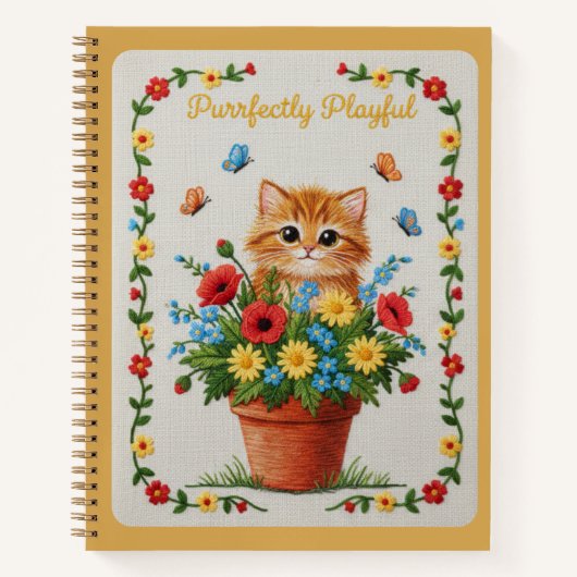 Purrfectly Playful Embroidered Kitten Poppies Notitieboek (Voorkant)