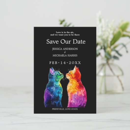 “Purrfectly Yours: A Rainbow Love Story RSVP Card Save The Date (Staand voorkant)