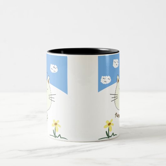 Purring Cat with Yarn Ball Tweekleurige Koffiemok (Center)