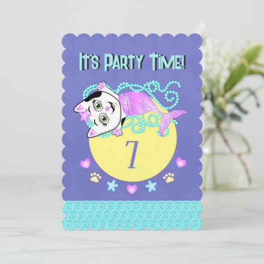 Purrmaid Party Time uitnodiging (Staand voorkant)