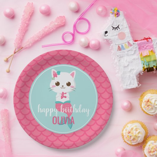 Purrmaid Zeemeermin Kat Roze Schalen Verjaardag Papieren Bordje (Feest)