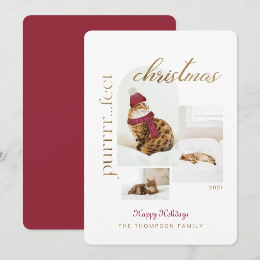 Purrr..fect met kerstmis en colzy Cat Three Photo Feestdagenkaart (Voorkant / Achterkant)