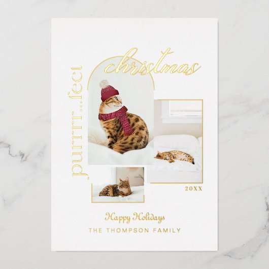 Purrr..fect met kerstmis en colzy Cat Three Photo Folie Feestdagenkaart (Voorkant)