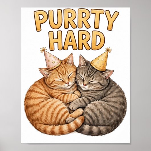 Purrty Hard — Grappige Feestkatten met Verjaardags Poster (Voorkant)