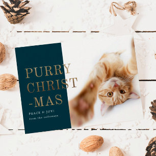 Purry kerstkat Foto Deep Green Gold Feestdagenkaart