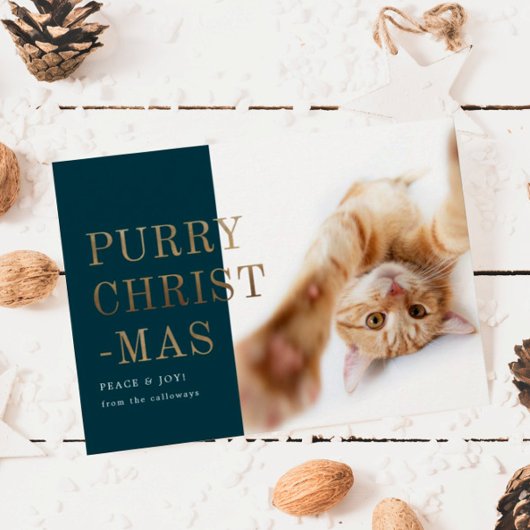Purry kerstkat Foto Deep Green Gold Feestdagenkaart