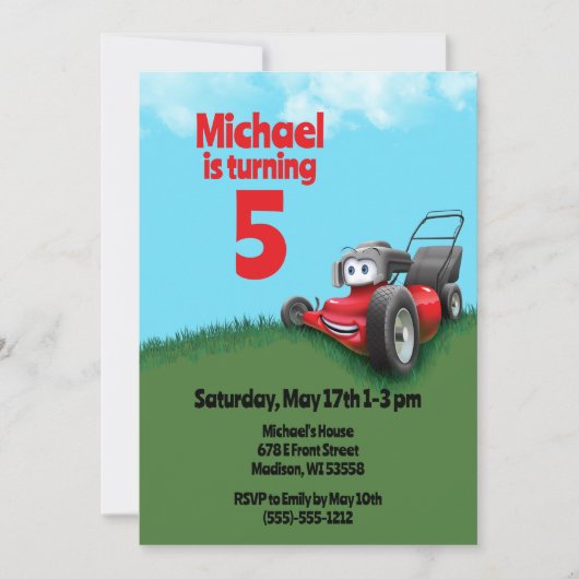 Push grasmaaier verjaardagsfeestje kaart (Voorkant)