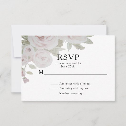 Push Roze grijze Roos Floral Waterverf bruiloft RSVP Kaartje (Voorkant)