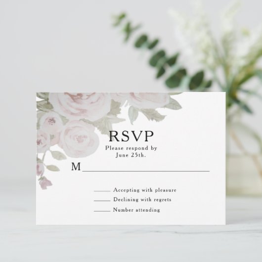 Push Roze grijze Roos Floral Waterverf bruiloft RSVP Kaartje (Staand voorkant)