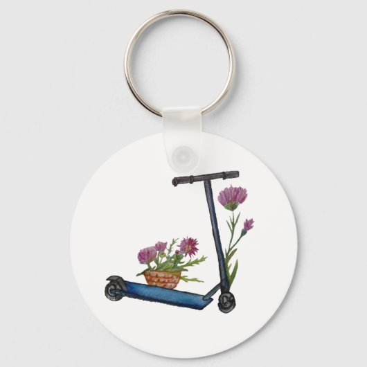 Push Scooter & Flowers Waterverf Button Key Ring Sleutelhanger (Voorkant)