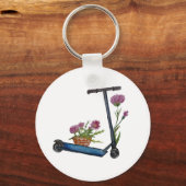 Push Scooter & Flowers Waterverf Button Key Ring Sleutelhanger (Voorkant)