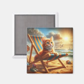 Puss Kat op een strand, lieve kat Magneet (Voorkant / Achterkant)