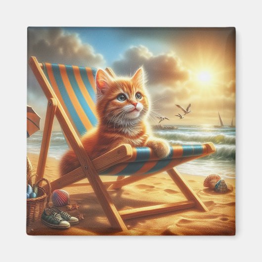 Puss Kat op een strand, lieve kat Magneet (Voorkant)