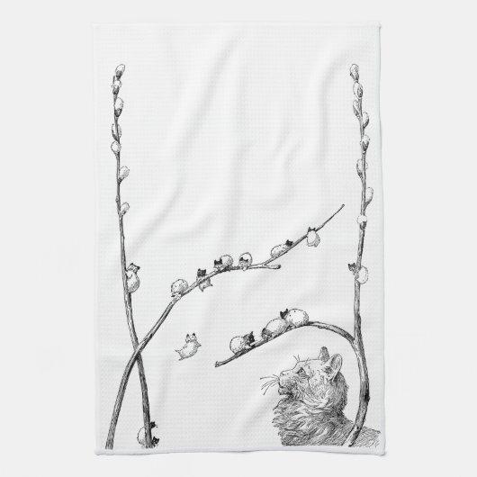 Pussy Willow Kittens en moederkat Theedoek (Verticaal)