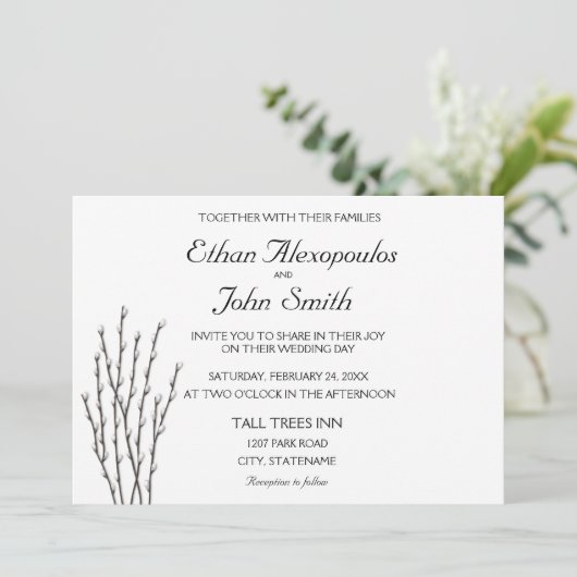 Pussywillow Branches Wedding Invitation Kaart (Staand voorkant)