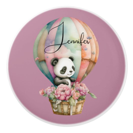 Putanda in een hete luchtballon op roze bg, aangep keramische knop (Voorkant)