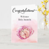 Pute roze Baby Gefeliciteerd Kaart (Gele Bloem)