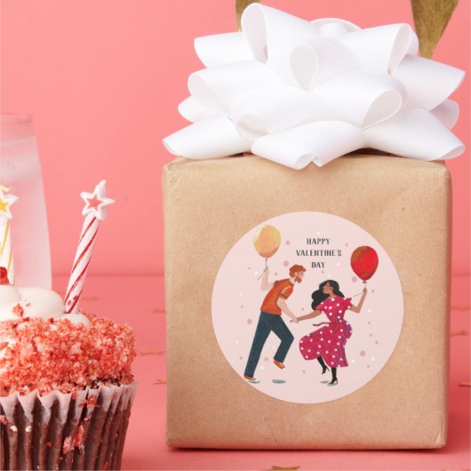 Putroze en rode dansende mensen valentijn kaart ronde sticker (Feest)