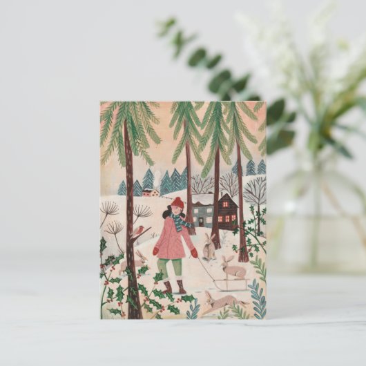 Putroze vrouw en sneeuwkonijn feestdagenkaart (Staand voorkant)