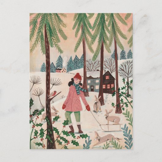 Putroze vrouw en sneeuwkonijn feestdagenkaart (Voorkant)