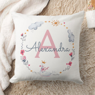 Putroze zwaan en zonnebloem met monogram w kussen