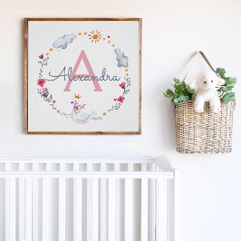 Putroze zwaan en zonnebloem met monogram w poster