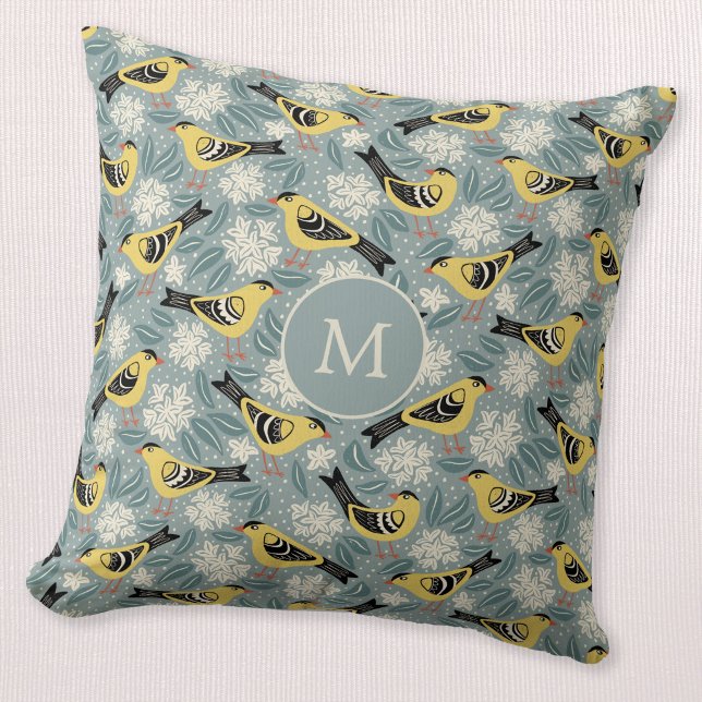 Putter en Rododendron Vogel Bloem Monogram Kussen (Willow Goldfinch Rhododendron monogram initial bird flower block print throw pillow)