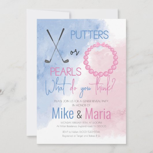 Putters of Parels geslacht onthulling uitnodiging (Voorkant)