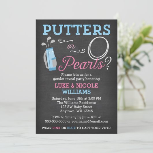 Putters or Pearls Gender Reclame Party Kaart (Staand voorkant)