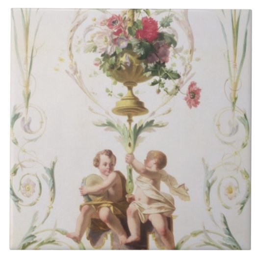 Putti amid swagon van bloemen en bladeren tegeltje (Voorkant)