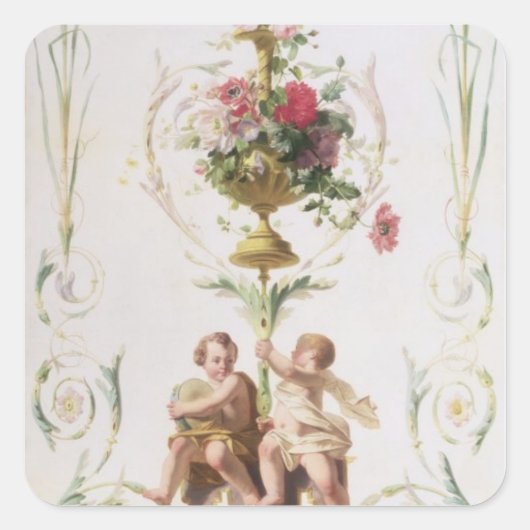 Putti amid swagon van bloemen en bladeren vierkante sticker (Voorkant)