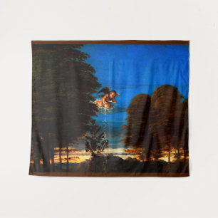 Putto in blauwe lucht giet een cascade van witte b wandkleed