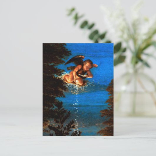 Putto in blauwe lucht strooit een waterval van wit briefkaart (Staand voorkant)