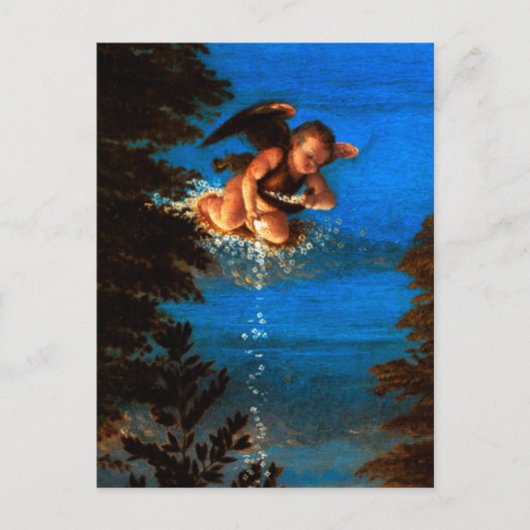 Putto in blauwe lucht strooit een waterval van wit briefkaart (Voorkant)